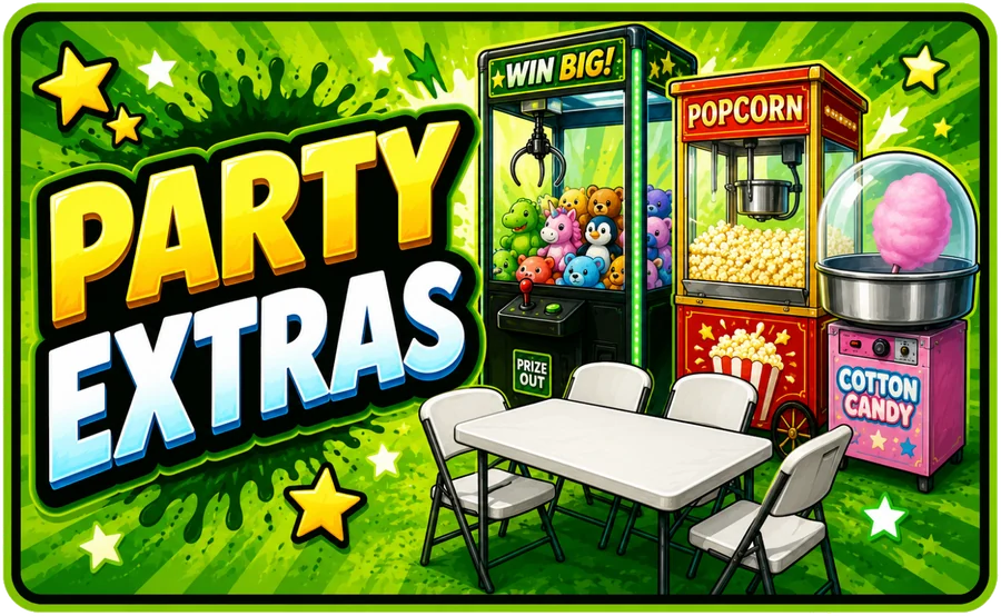 Party extras including tables, chairs, popcorn, cotton candy and a claw machine